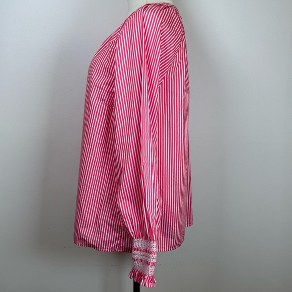 Talbots Butterfly Pink White Stripe Blouse Smocked Cuff Size Large Petite (Lp) - Picture 5 of 9